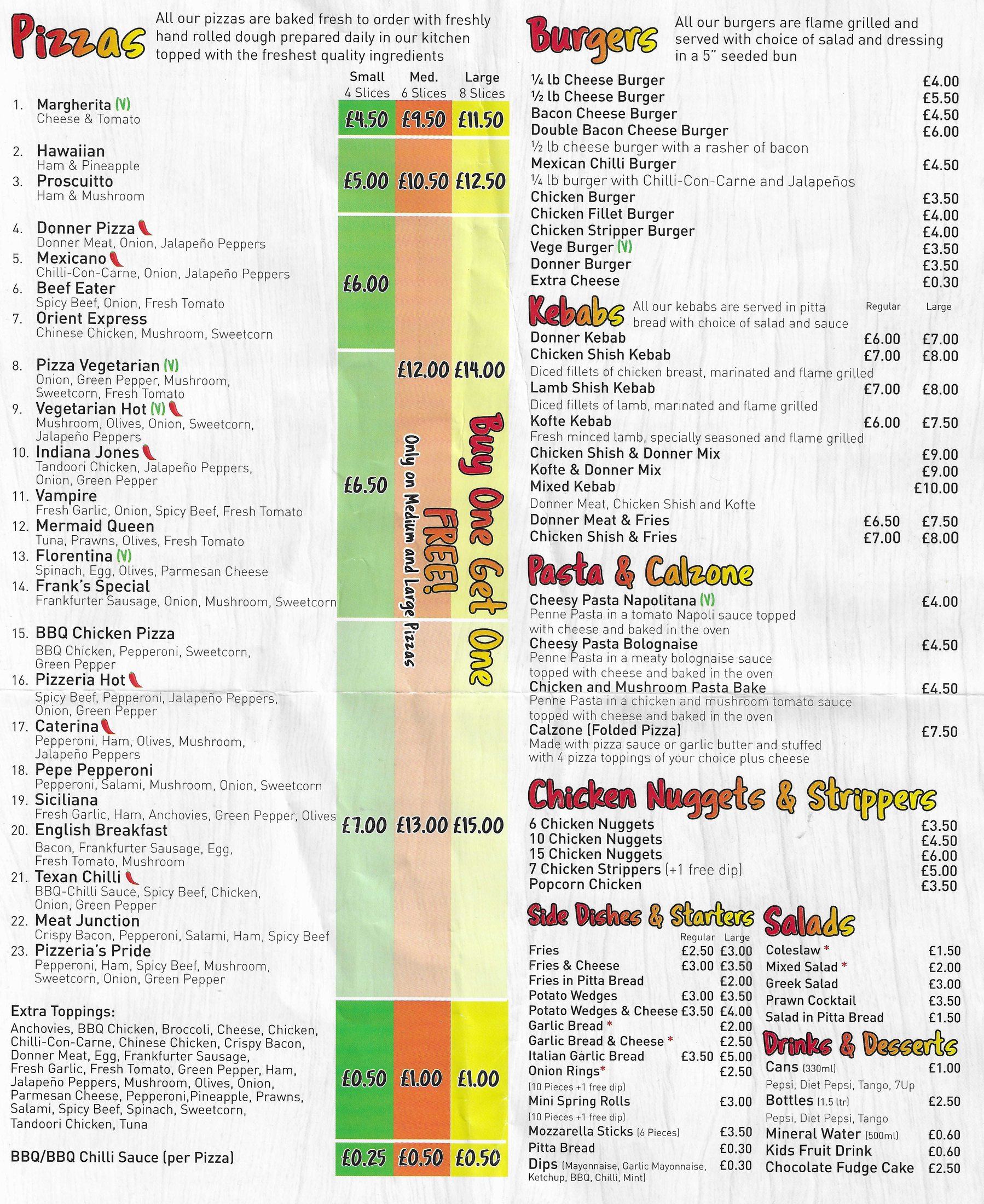 Pizzeria full menu: pizzas, burgers, kebabs, pasta & calzone, chicken nuggets & strippers, side dishes & starters, salads, and drinks & desserts, with prices for each size.